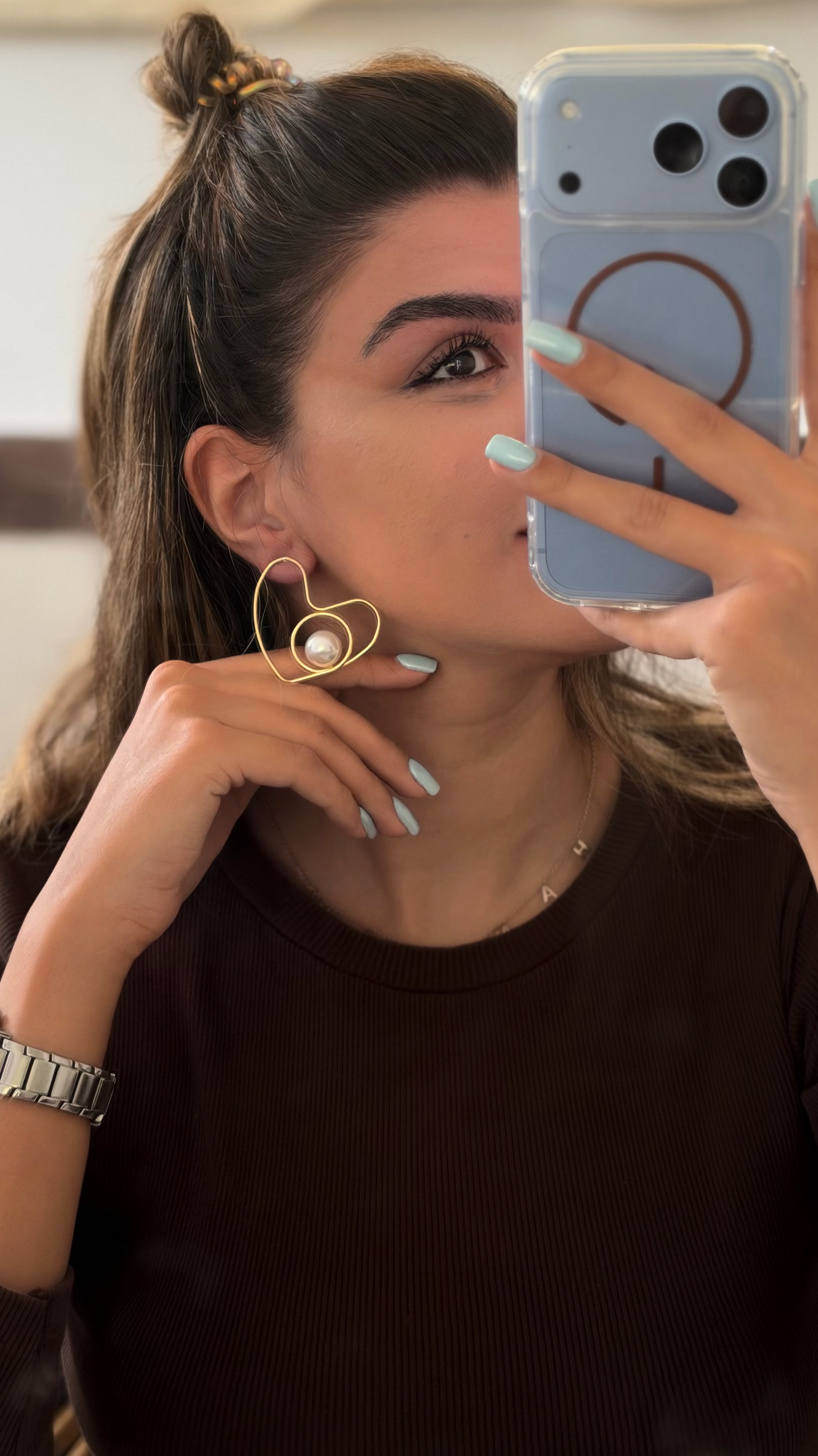 گوشواره قلب و مروارید آبکاری طلا